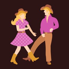 Vector illustration of a guy and a girl in raspberry and brown clothes, hats dancing canry dance. Isolated illustration of a couple of blond and blonde dances western dance on a dark background.