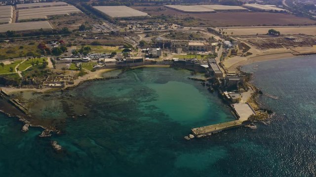 Caesarea ancient roman period ruins in Israel, 4k aerial drone view