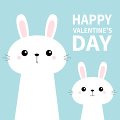 Two rabbit bunny set in the corner. Happy Valentines Day. Friends forever. Cute cartoon kawaii funny baby kids character. Happy Easter. Farm animal. Blue pastel background. Flat design