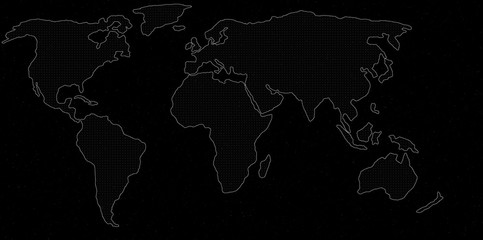 world map on black and white showing all countries and continents of the globe