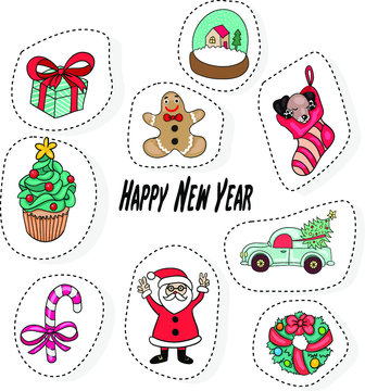 Set of color vector cute winter stickers, pins, patches. Doodle icons items in cartoon hand drawn style.