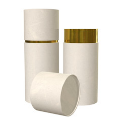 Kraft paper cardboard tube package with gold part mock up. 3d render isolated on white background.