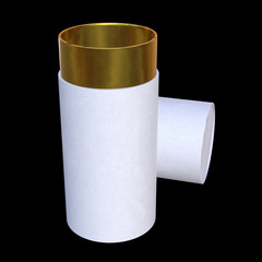 Kraft paper cardboard tube package with gold part mock up. 3d render on black background.