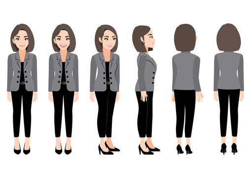 Cartoon character with business woman in suit for animation. Front, side, back, 3-4 view character. Flat vector illustration.