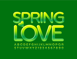 Vector colorful logo Spring Love. Green Glossy Font. Artistic Alphabet Letters and Numbers.