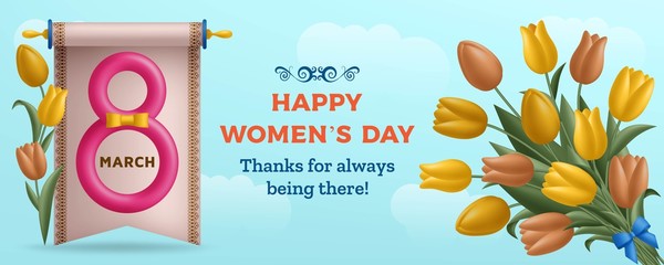 Cute Happy Womens Day background with figure eight and bouquet of tulips
