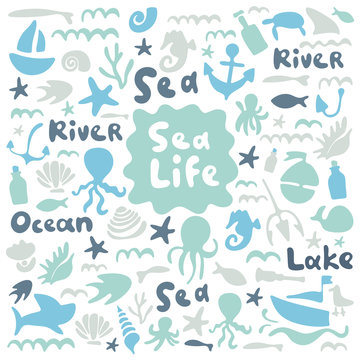 Sea life, ocean trip, underwater world, summer marine cruise. Stock doodle flat illustration. Blue, indigo, mint. Text sea, lake, ocean, river. Good for boys room, postcard, kindergarten, baby shower