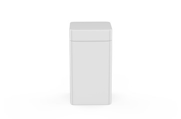 Rectangular white glossy tin can mock up template. Container for dry products - tea, coffee, sugar, candy, spice. 3D illustration