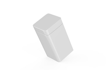 Rectangular white glossy tin can mock up template. Container for dry products - tea, coffee, sugar, candy, spice. 3D illustration