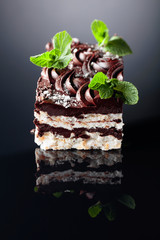 Delicious chocolate cake with mint on a reflective background.