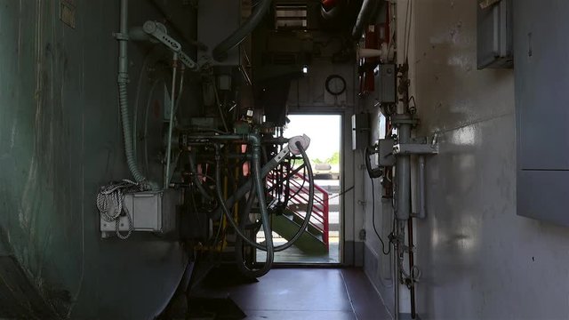 Passage to the Engine Room on the 1st deck of Natchez steamboat. New Orleans, Louisiana, USA