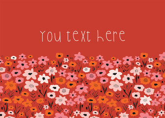 Summer ditsy flowers card template vector. Pink red orange flower meadow on the bottom border of a horizontal card. Summer or spring design with editable text for greeting card, invitation, sales