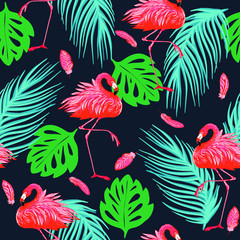 Seamless pattern of flamingo, leaves monstera, tropical leaves of palm tree on dark background 