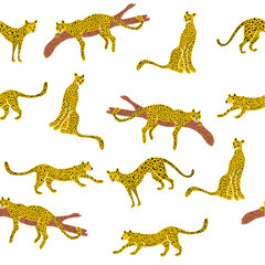 Seamless pattern with leopards on the white background