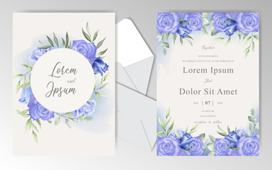 Watercolor Floral Wedding Invitation Cards with Navy Blue Roses and Leaves