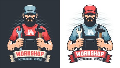 Repair workshop retro logo with handyman and tools. Bearded worker repairman - vintage emblem. Vector illustration.