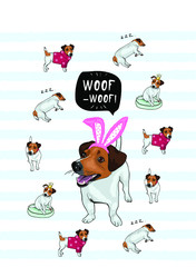 Jack Russel Terrier puppy daily routine set, cute little dog in his evereday activity colorful character