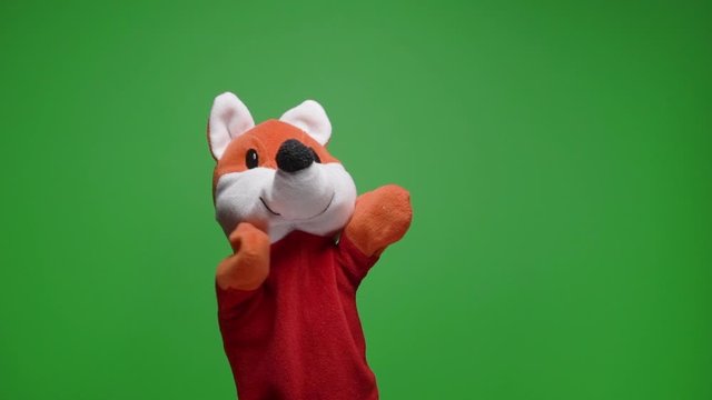 Funny soft fox doll on green background, hand with plushie glove puppet toy at home theatre, marionette theatre performance for small children, creative family hobby activity