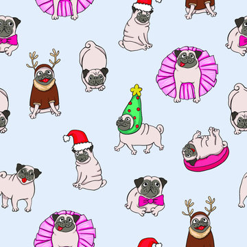 Seamless pattern with image of a Funny cartoon pugs puppies. Vector illustration.