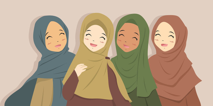 Happy Muslim best friends laughing together. Muslim women wearing hijab cartoon vector.