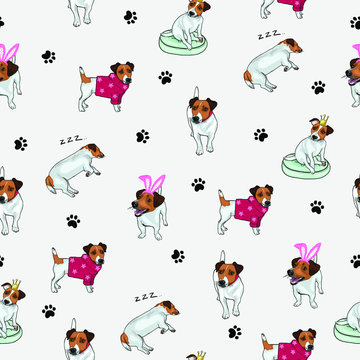 Seamless pattern with image of a Funny cartoon puppies. Vector illustration.