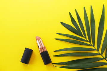 Open red lipstick on yellow background with greenery.