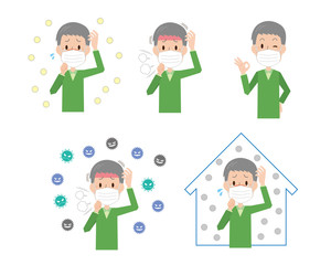 マスク　風邪　ウイルス　花粉症　インフルエンザ　ハウスダスト　おじいさん　高齢男性　セット