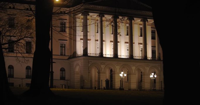 Slow motion medium to wide 4K shot of dark trees and branches moving in parallax motion in front of illuminated Norwegian Royal Palace exterior facade, at night in Oslo Norway.