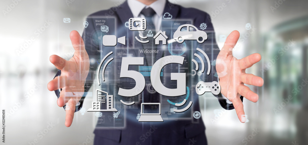 Poster businessman holding a 5g connection with data surrounding - 3d rendering
