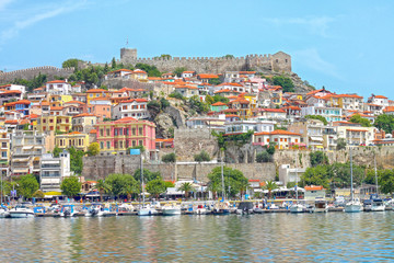 View of Kavala city. Medieval fortress on the hill. Eastern Macedonia. Greece.   