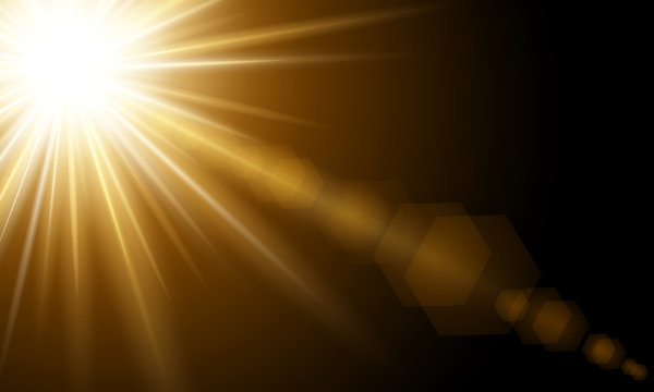 Bright sun flare. Bright glow from a searchlight. Realistic shine on a dark background.