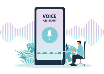 Male character using voice control for his phone. Isolated vector illustration of voice remote with character and phone.