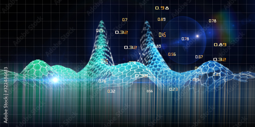 Wall mural Abstract background  with hexagon wave data analytic.  Futuristic hexagon grid with shine . Technology and business analyze concept. Big data. Computer communication technology.