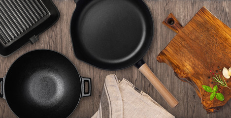 Empty cast iron frying pan.