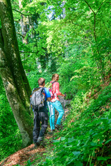 Obraz premium Junges Paar mit Hund beim Wandern im felsigen Wald