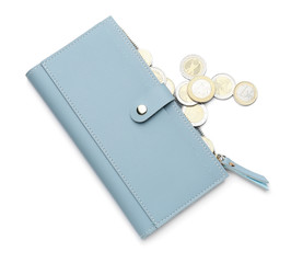 Wallet with coins on white background. Savings concept