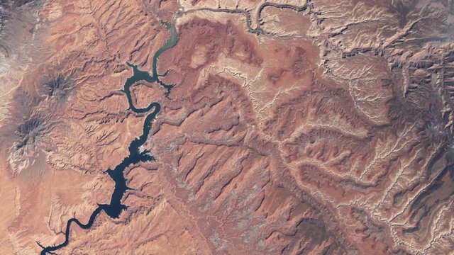 Drying up of Colorado river water level in years, aerial satellite time lapse animation of planet earth change. Images furnished by Nasa
