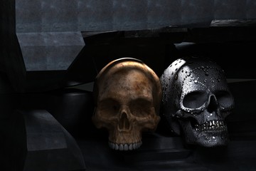 3D rendering old skull and Black Skull with diamonds and silver teeth