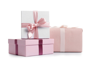 Beautiful gift boxes on white background