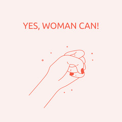 Yes, Women Can. Woman's hand with her fist raised up. Girl Power. Feminism concept. Realistic style vector illustration in pink pastel goth colors. Sticker, patch graphic design.