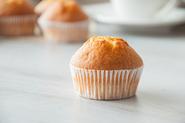 Fresh homemade delicious muffins are taken out of the oven and they cool on the kitchen table....