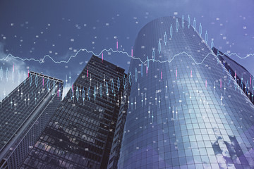Forex chart on cityscape with skyscrapers wallpaper multi exposure. Financial research concept.