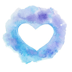 Naklejka na ściany i meble Watercolor illustration of a blue-and-white heart in the form of a spot-frame. On white background. Watercolor frame with place for text for Valentine's Day, wedding, holidays.