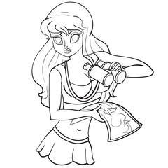 sexy woman holding assault rifle and pistol, outline drawing,