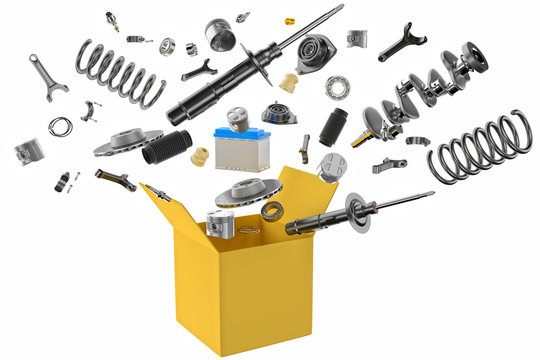 Many spare parts flying out of the box gray background. Isolated auto spare parts on gray background. Auto spare parts for passenger car, OEM. 3D rendering
