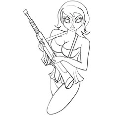 sexy woman holding assault rifle and pistol, outline drawing,