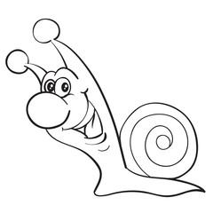 funny snail character smiling and in a hurry, outline drawing, isolated object on a white background,