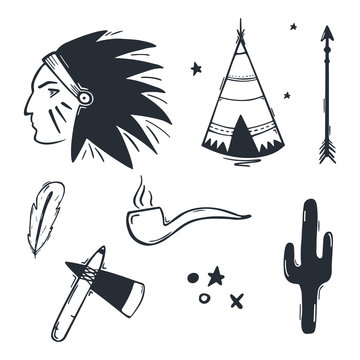Native American Indian hand draw doodle elements.