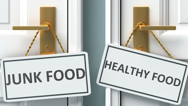 Junk food or healthy food as a choice in life - pictured as words Junk food, healthy food on doors to show that Junk food and healthy food are different options to choose from, 3d illustration
