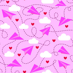 Pink paper airplane and hearts seamles fabric pattern